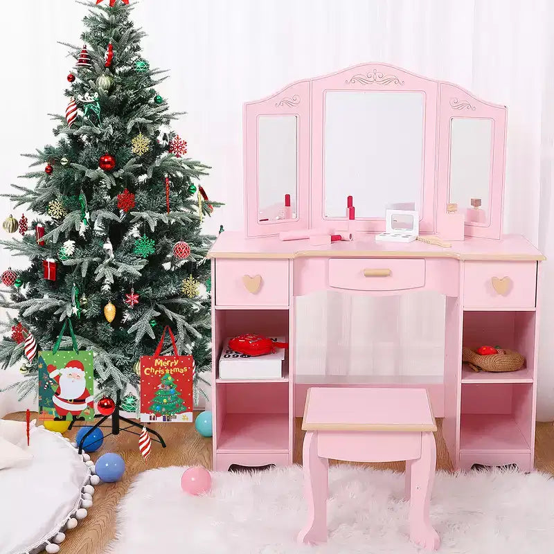 Coiffeuse et tabouret pour enfants - Coiffeuse rose pour filles avec miroir, tiroirs et étagères de rangement