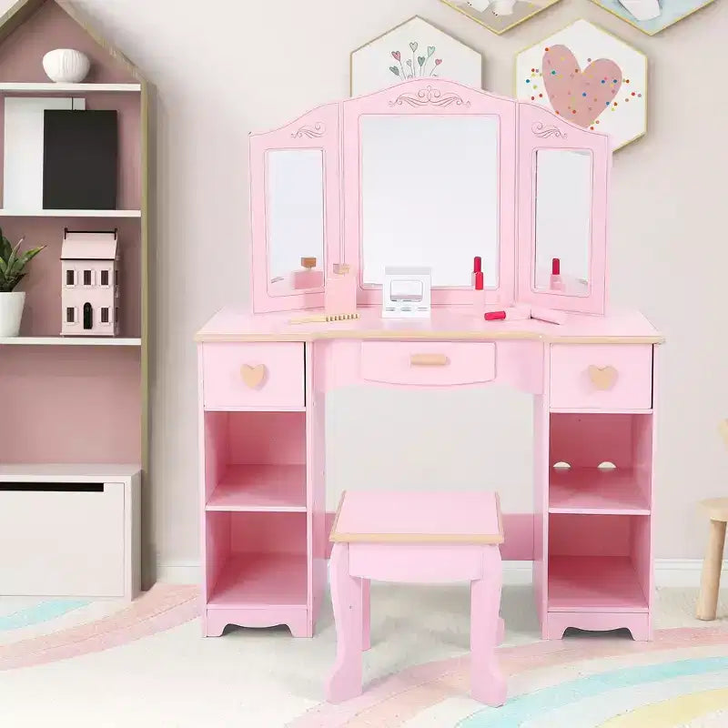 Coiffeuse et tabouret pour enfants - Coiffeuse rose pour filles avec miroir, tiroirs et étagères de rangement