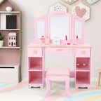Coiffeuse et tabouret pour enfants - Coiffeuse rose pour filles avec miroir, tiroirs et étagères de rangement