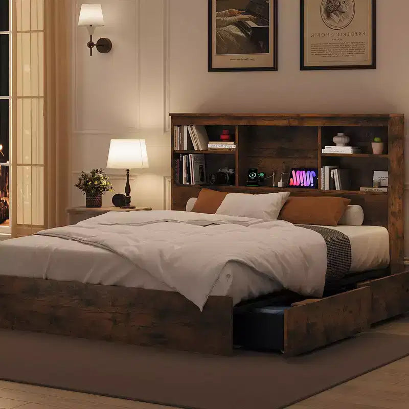 Lit King Size avec tête de lit bibliothèque haute de rangement, cadre de lit en bois avec 4 tiroirs de rangement, station de charge intégrée, pas besoin de sommier tapissier