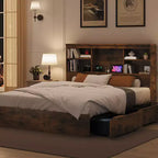 Lit King Size avec tête de lit bibliothèque haute de rangement, cadre de lit en bois avec 4 tiroirs de rangement, station de charge intégrée, pas besoin de sommier tapissier