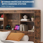 Lit King Size avec tête de lit bibliothèque haute de rangement, cadre de lit en bois avec 4 tiroirs de rangement, station de charge intégrée, pas besoin de sommier tapissier