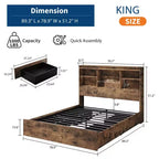 Lit King Size avec tête de lit bibliothèque haute de rangement, cadre de lit en bois avec 4 tiroirs de rangement, station de charge intégrée, pas besoin de sommier tapissier