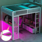 Bellemave Full Size Metal Gaming Loft Bed with LED, Desk, Open Wardrobe and 3 Linen Storage Drawers,White