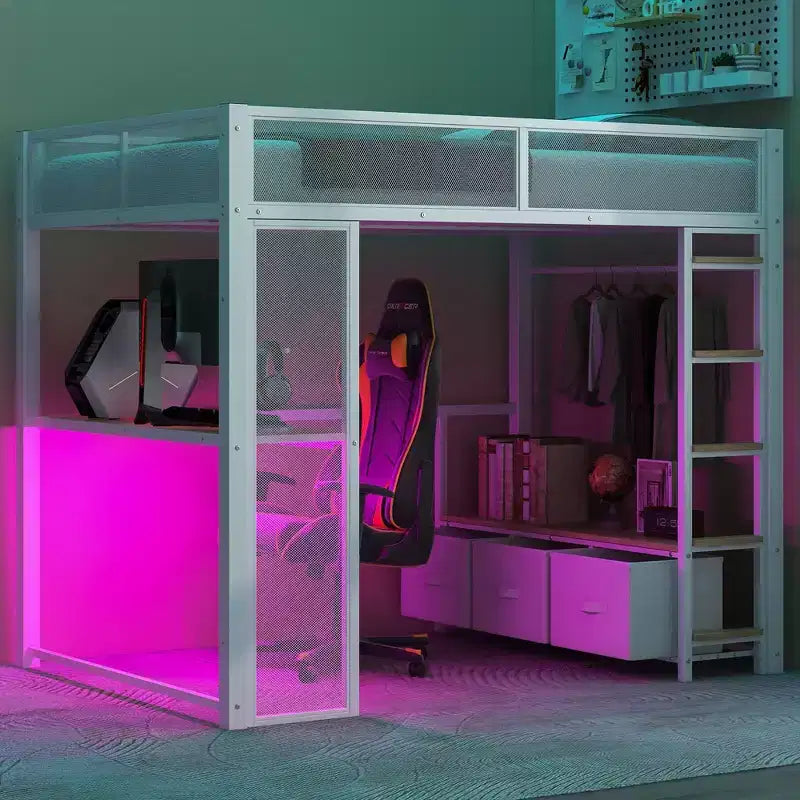 Lit mezzanine gaming en métal pleine grandeur avec LED, bureau, armoire ouverte et 3 tiroirs de rangement pour le linge, blanc