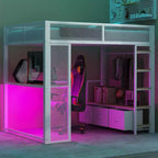 Lit mezzanine gaming en métal pleine grandeur avec LED, bureau, armoire ouverte et 3 tiroirs de rangement pour le linge, blanc
