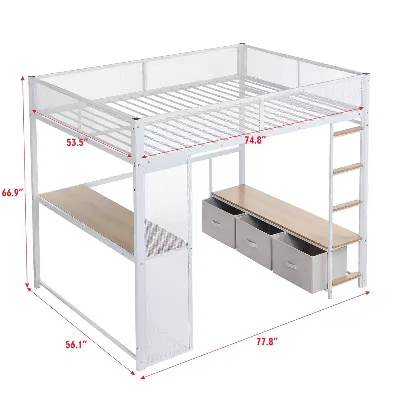 Lit mezzanine gaming en métal pleine grandeur avec LED, bureau, armoire ouverte et 3 tiroirs de rangement pour le linge, blanc