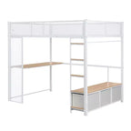 Lit mezzanine gaming en métal pleine grandeur avec LED, bureau, armoire ouverte et 3 tiroirs de rangement pour le linge, blanc