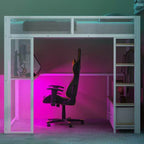 Lit mezzanine gaming en métal pleine grandeur avec LED, bureau, armoire ouverte et 3 tiroirs de rangement pour le linge, blanc
