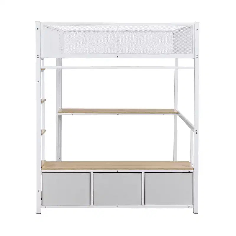 Lit mezzanine gaming en métal pleine grandeur avec LED, bureau, armoire ouverte et 3 tiroirs de rangement pour le linge, blanc