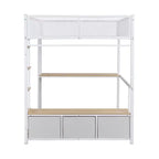 Lit mezzanine gaming en métal pleine grandeur avec LED, bureau, armoire ouverte et 3 tiroirs de rangement pour le linge, blanc