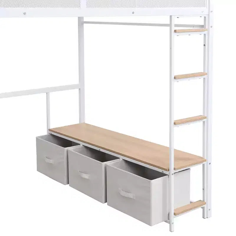 Lit mezzanine gaming en métal pleine grandeur avec LED, bureau, armoire ouverte et 3 tiroirs de rangement pour le linge, blanc