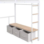 Lit mezzanine gaming en métal pleine grandeur avec LED, bureau, armoire ouverte et 3 tiroirs de rangement pour le linge, blanc