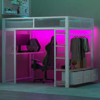 Lit mezzanine gaming en métal pleine grandeur avec LED, bureau, armoire ouverte et 3 tiroirs de rangement pour le linge, blanc