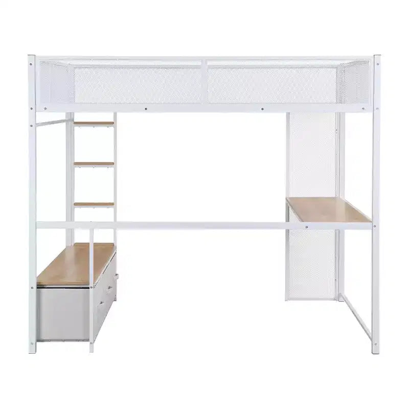 Lit mezzanine gaming en métal pleine grandeur avec LED, bureau, armoire ouverte et 3 tiroirs de rangement pour le linge, blanc