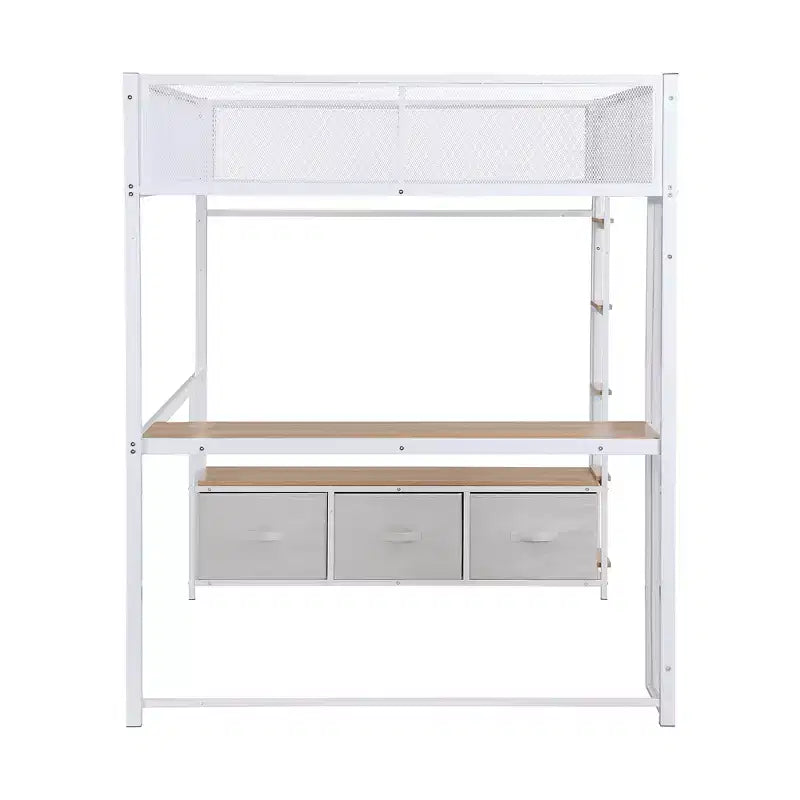 Lit mezzanine gaming en métal pleine grandeur avec LED, bureau, armoire ouverte et 3 tiroirs de rangement pour le linge, blanc