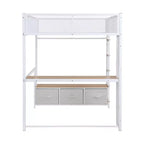 Lit mezzanine gaming en métal pleine grandeur avec LED, bureau, armoire ouverte et 3 tiroirs de rangement pour le linge, blanc