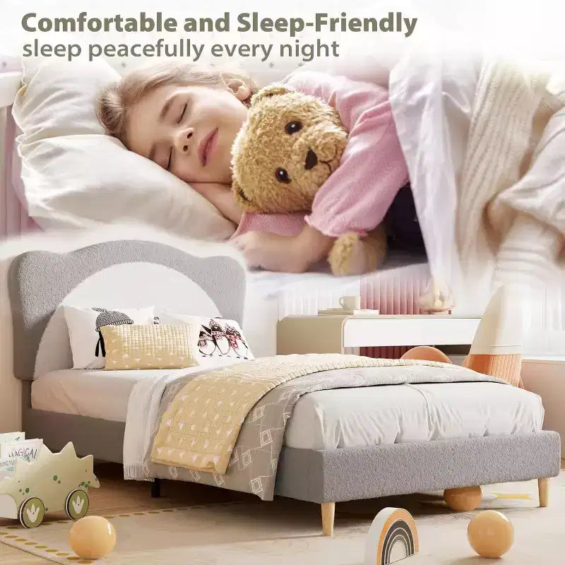Cadre de lit double/complet rembourré avec tête de lit en forme de panda, lit plateforme en polaire berbère pour filles et garçons, aucun sommier tapissier requis, lattes en bois stables