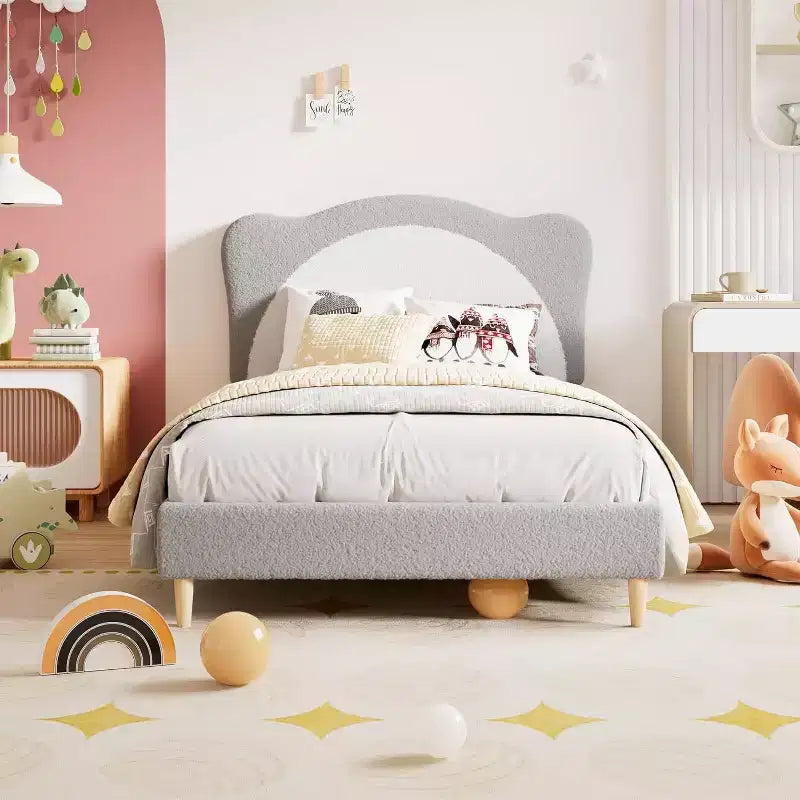 Cadre de lit double/complet rembourré avec tête de lit en forme de panda, lit plateforme en polaire berbère pour filles et garçons, aucun sommier tapissier requis, lattes en bois stables