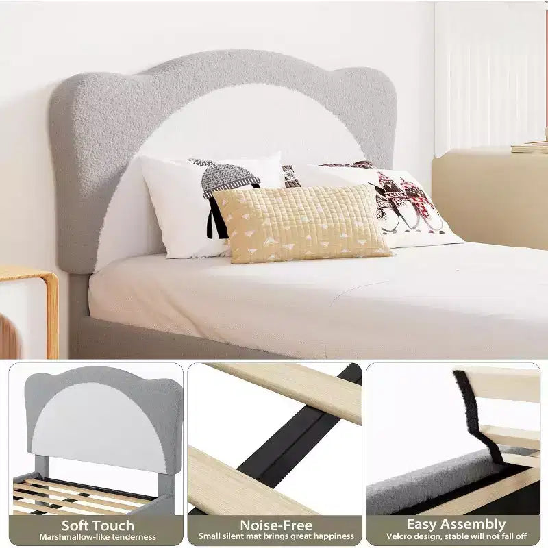 Cadre de lit double/complet rembourré avec tête de lit en forme de panda, lit plateforme en polaire berbère pour filles et garçons, aucun sommier tapissier requis, lattes en bois stables