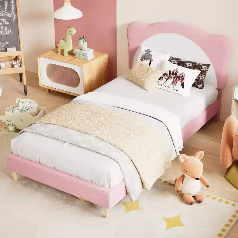Cadre de lit double/complet rembourré avec tête de lit en forme de panda, lit plateforme en polaire berbère pour filles et garçons, aucun sommier tapissier requis, lattes en bois stables