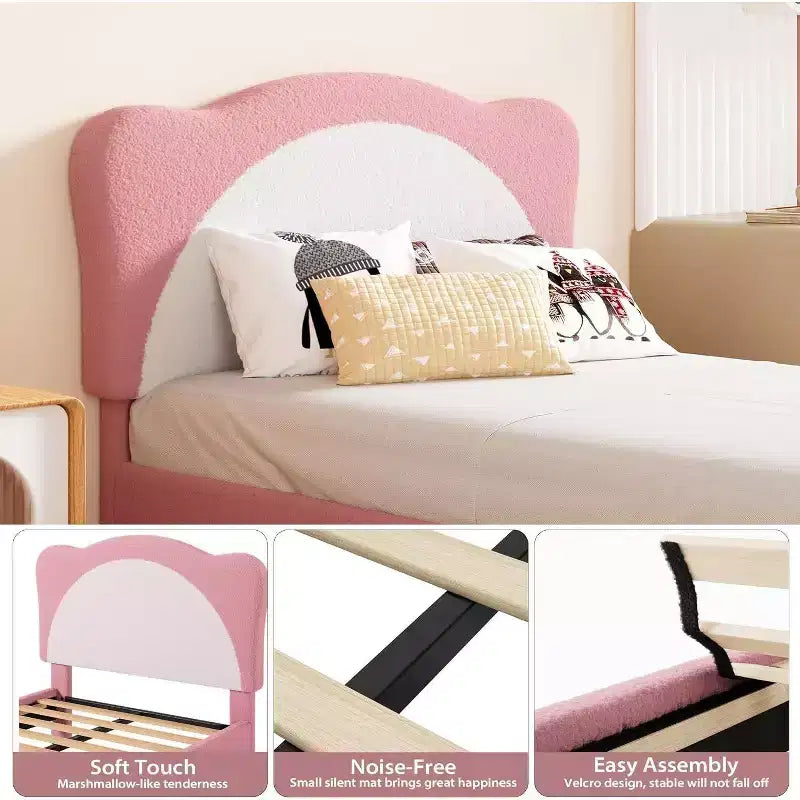 Cadre de lit double/complet rembourré avec tête de lit en forme de panda, lit plateforme en polaire berbère pour filles et garçons, aucun sommier tapissier requis, lattes en bois stables