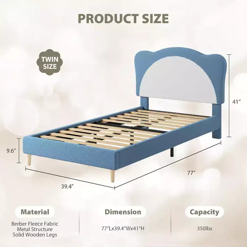 Cadre de lit double/complet rembourré avec tête de lit en forme de panda, lit plateforme en polaire berbère pour filles et garçons, aucun sommier tapissier requis, lattes en bois stables