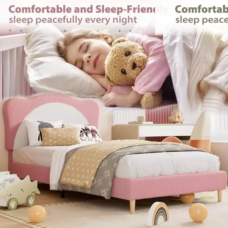 Cadre de lit double/complet rembourré avec tête de lit en forme de panda, lit plateforme en polaire berbère pour filles et garçons, aucun sommier tapissier requis, lattes en bois stables