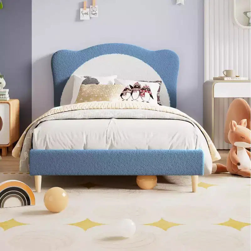 Cadre de lit double/complet rembourré avec tête de lit en forme de panda, lit plateforme en polaire berbère pour filles et garçons, aucun sommier tapissier requis, lattes en bois stables