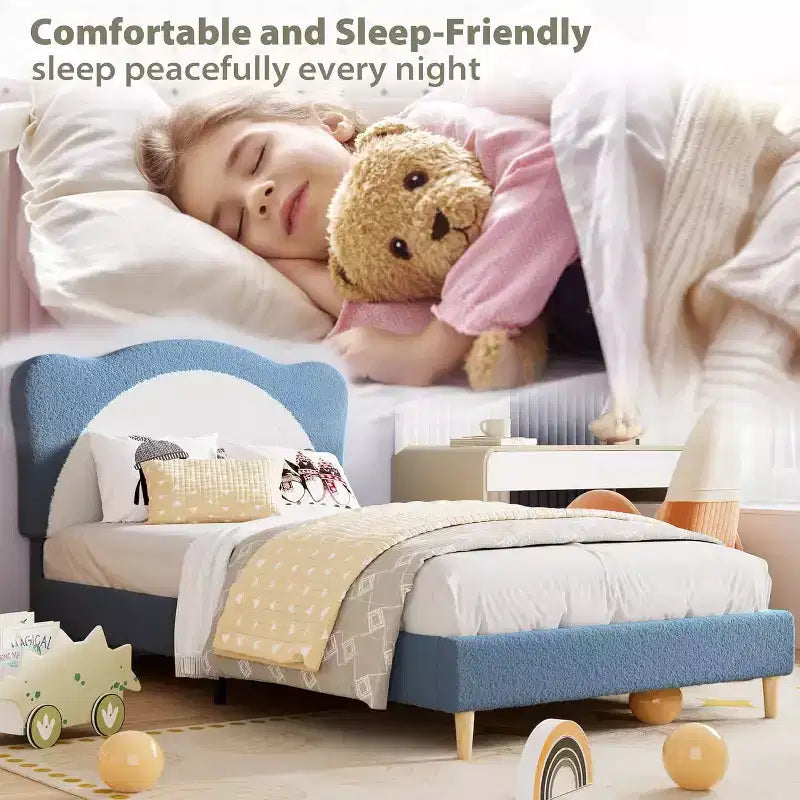 Cadre de lit double/complet rembourré avec tête de lit en forme de panda, lit plateforme en polaire berbère pour filles et garçons, aucun sommier tapissier requis, lattes en bois stables