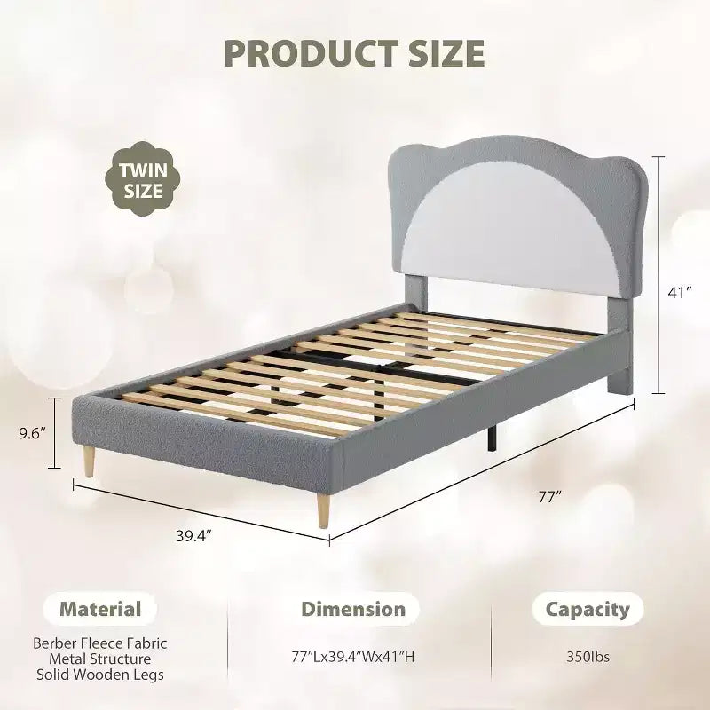 Cadre de lit double/complet rembourré avec tête de lit en forme de panda, lit plateforme en polaire berbère pour filles et garçons, aucun sommier tapissier requis, lattes en bois stables