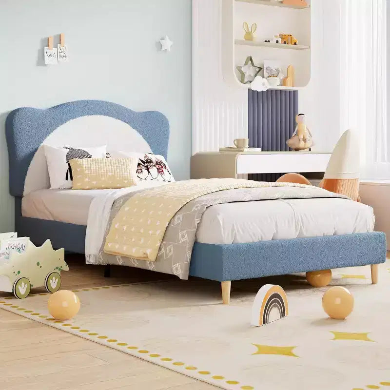 Twin/ Full Upholstered Bed Frame with Panda-Shaped Headboard, Berber Fleece Platform Bed for Girls & Boys, No Box Spring Needed, Stable Wooden Slats