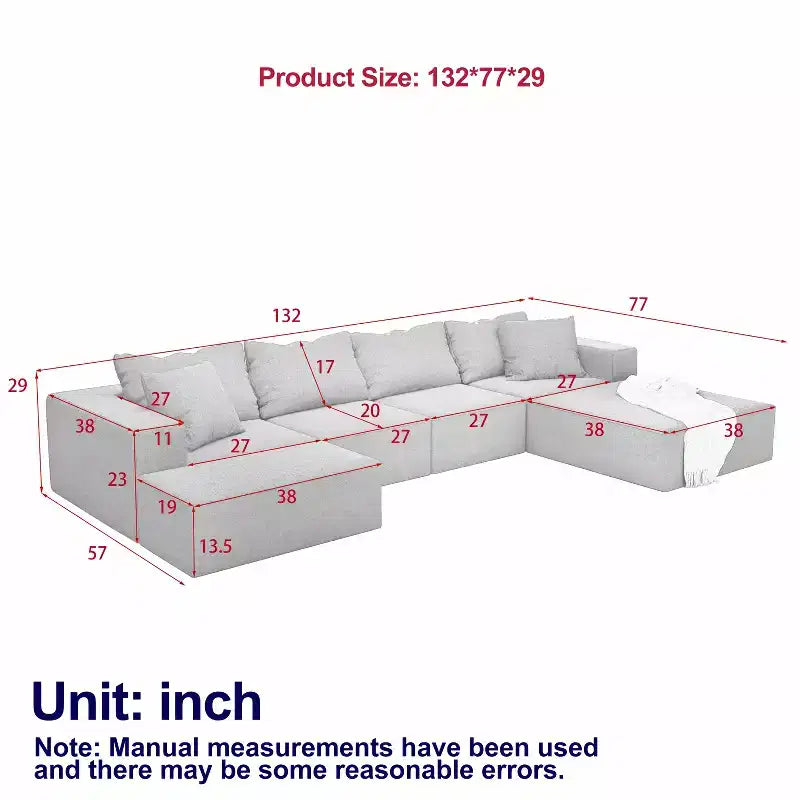 Canapé modulable en L de 132 po avec revêtement en chenille, canapé avec coussins profonds et coussins décoratifs pour salon et chambre à coucher