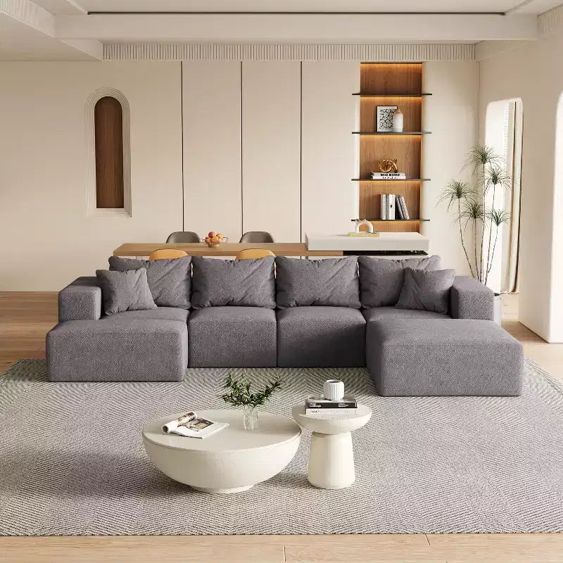 Canapé modulable en L de 132 po avec revêtement en chenille, canapé avec coussins profonds et coussins décoratifs pour salon et chambre à coucher