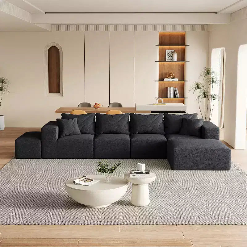Canapé modulable en L de 132 po avec revêtement en chenille, canapé avec coussins profonds et coussins décoratifs pour salon et chambre à coucher