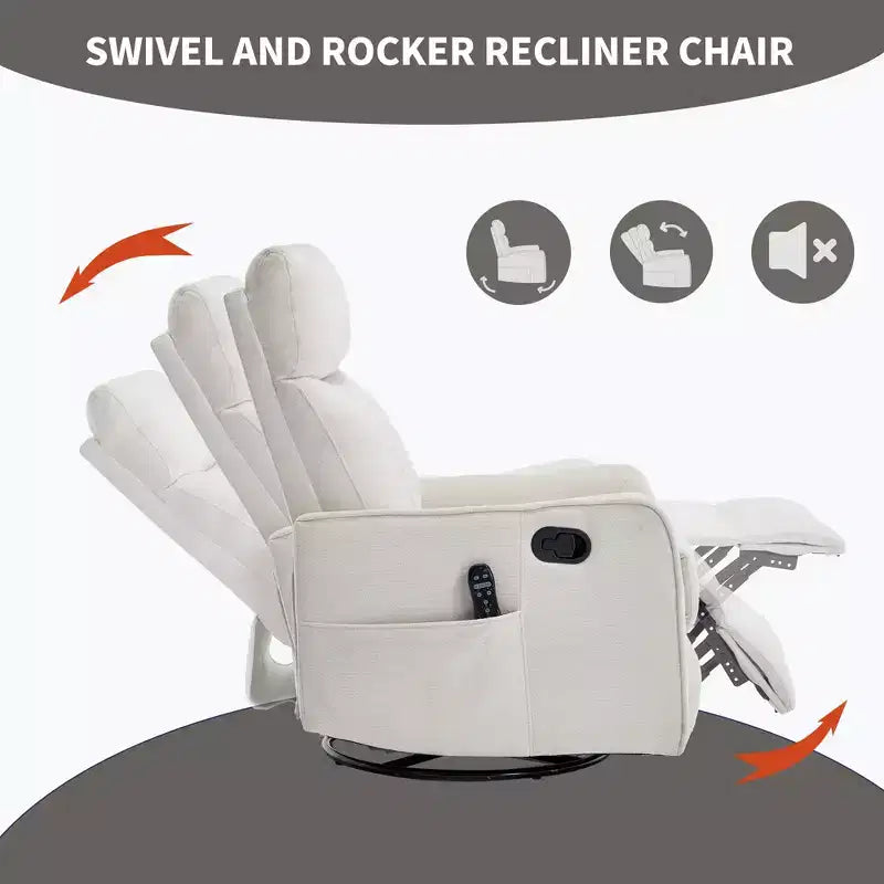 Fauteuil inclinable manuel massant et chauffant beige en tissu avec fonction bascule et pivot pour salon