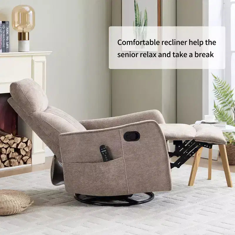 Fauteuil inclinable manuel massant et chauffant beige en tissu avec fonction bascule et pivot pour salon