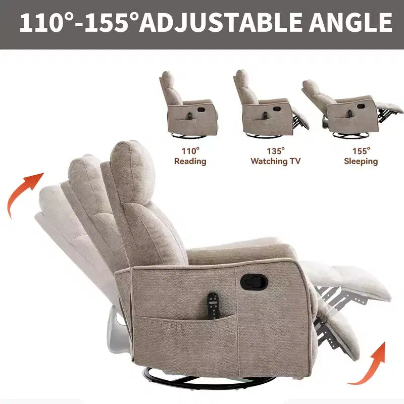 Fauteuil inclinable manuel massant et chauffant beige en tissu avec fonction bascule et pivot pour salon