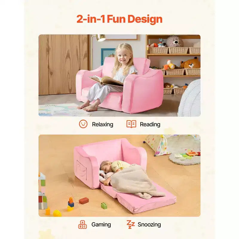 Canapé 2-en-1 pour enfant, canapé souple pliable pour tout-petit avec accoudoirs, chaise convertible pour tout-petit en transat, M, Rose
