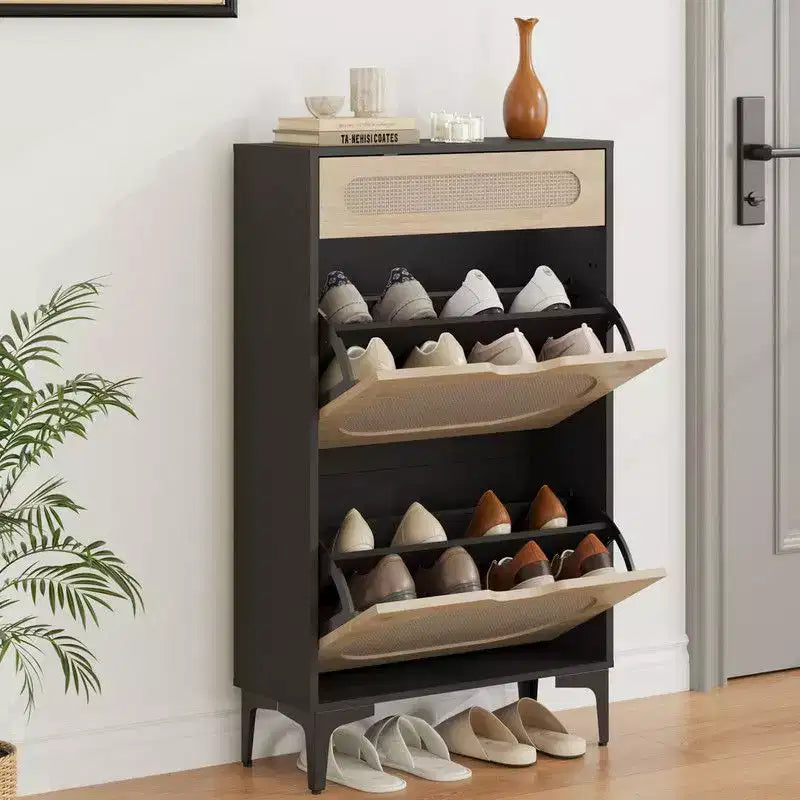 Meuble à chaussures en rotin avec 2 tiroirs basculants et 1 tiroir coulissant, meuble de rangement pour chaussures autoportant.