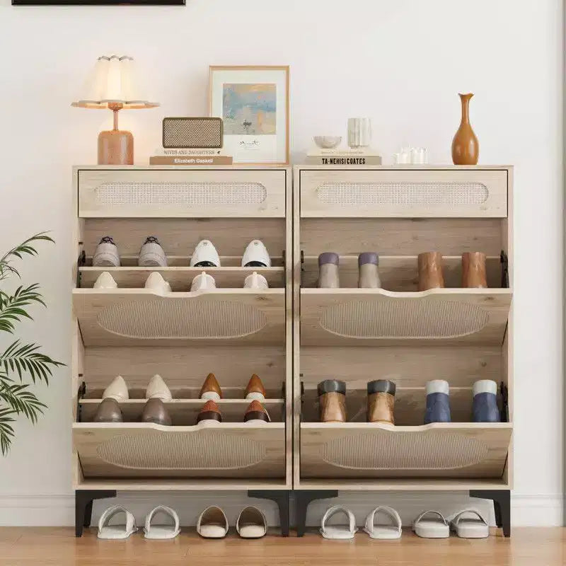 Meuble à chaussures en rotin avec 2 tiroirs basculants et 1 tiroir coulissant, meuble de rangement pour chaussures autoportant.