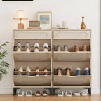 Meuble à chaussures en rotin avec 2 tiroirs basculants et 1 tiroir coulissant, meuble de rangement pour chaussures autoportant.