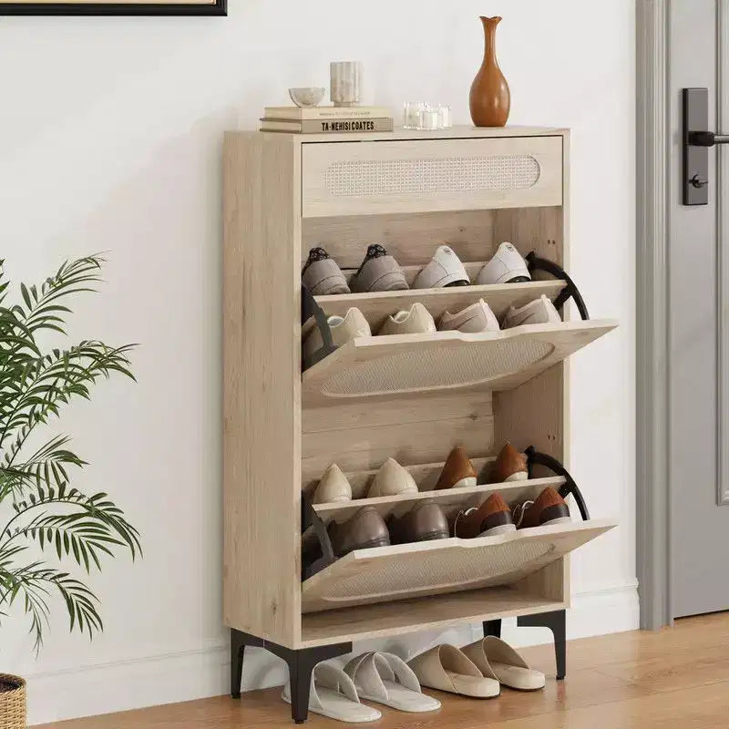 Rattan Shoe Cabinet with 2 Flip Drawers and 1 Pull-Out Drawer, Free Stand Shoe Storage Cabinet