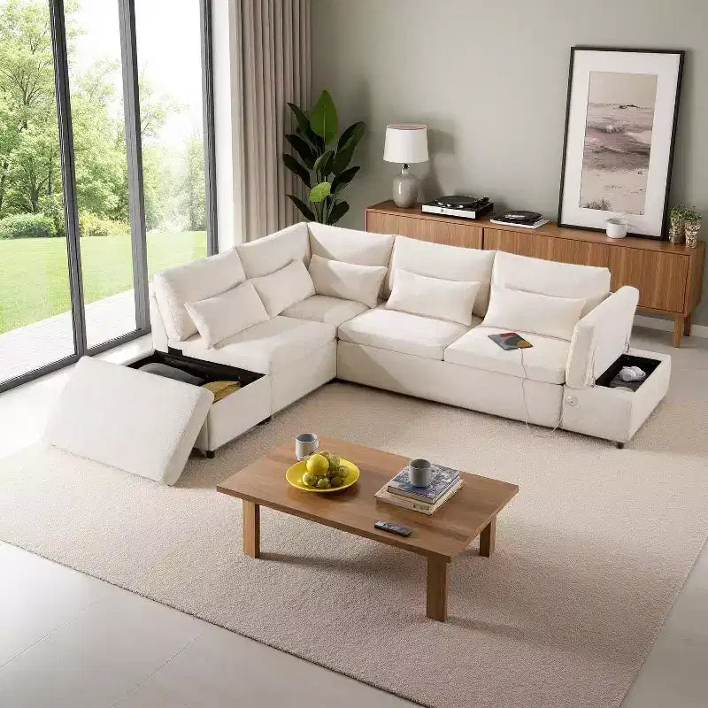 Grand canapé d'angle modulaire en chenille avec lit gigogne