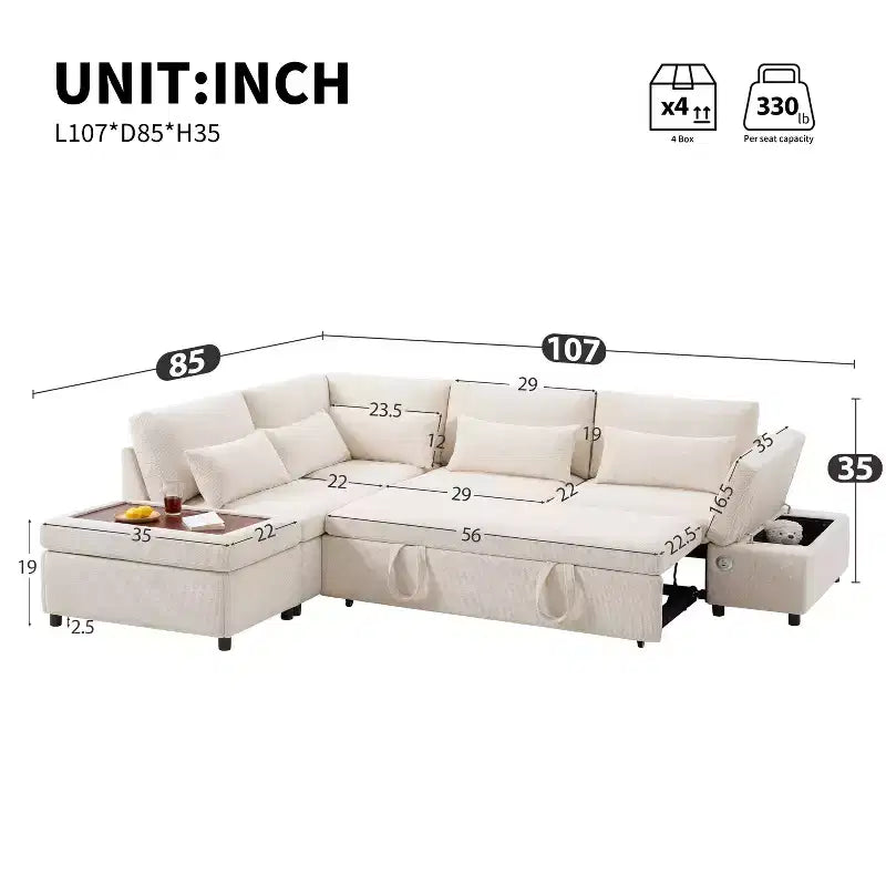 Grand canapé d'angle modulaire en chenille avec lit gigogne