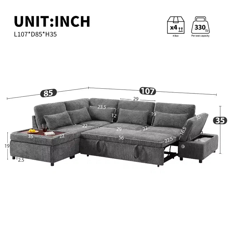 Grand canapé d'angle modulaire en chenille avec lit gigogne