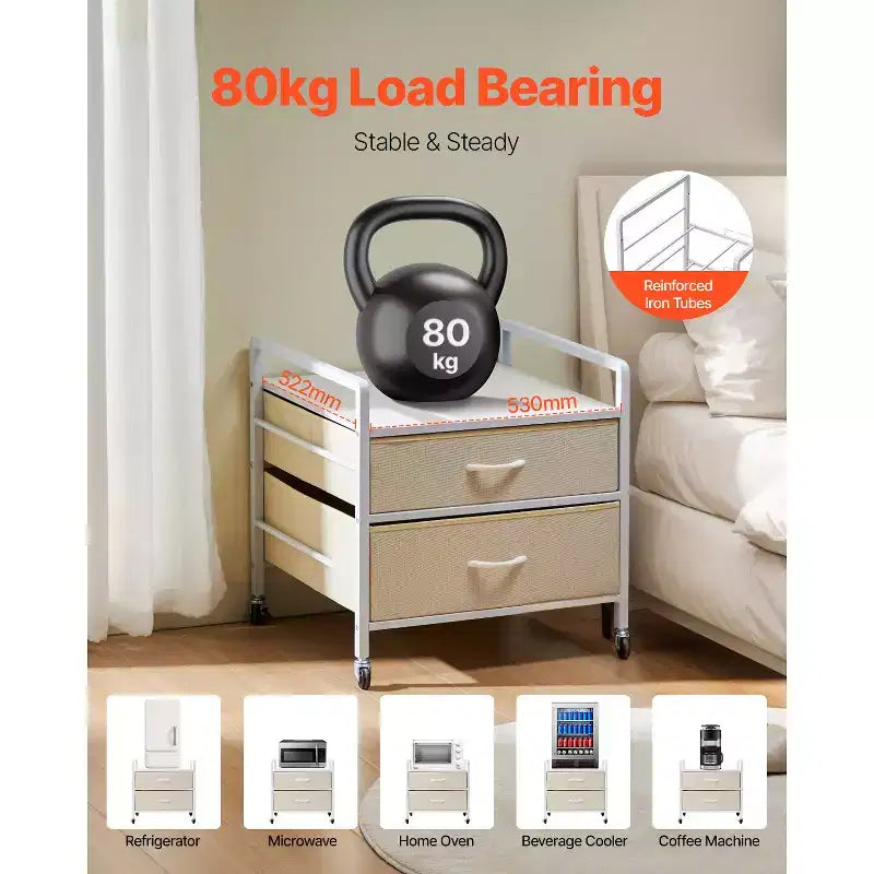 Meuble support pour mini-réfrigérateur avec rangement, table pour mini-réfrigérateur de 80 kg avec 2 tiroirs et 4 roulettes pivotantes, étagère mobile pour mini-réfrigérateur, blanc