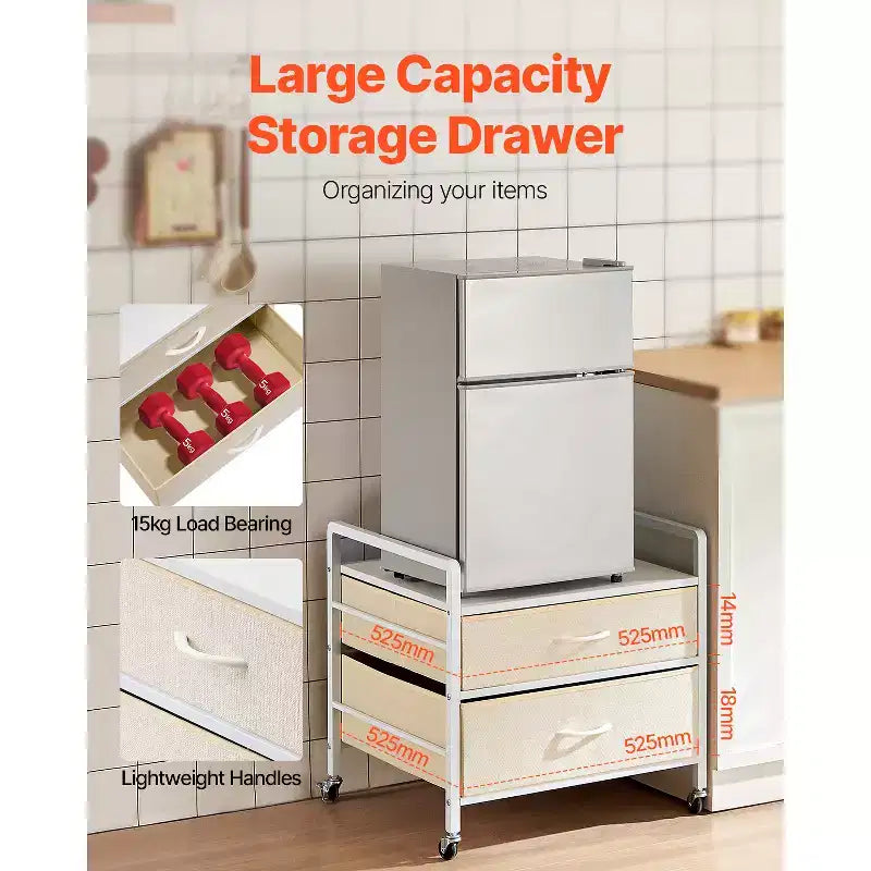 Meuble support pour mini-réfrigérateur avec rangement, table pour mini-réfrigérateur de 80 kg avec 2 tiroirs et 4 roulettes pivotantes, étagère mobile pour mini-réfrigérateur, blanc