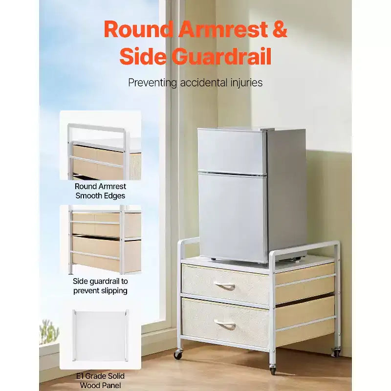 Meuble support pour mini-réfrigérateur avec rangement, table pour mini-réfrigérateur de 80 kg avec 2 tiroirs et 4 roulettes pivotantes, étagère mobile pour mini-réfrigérateur, blanc