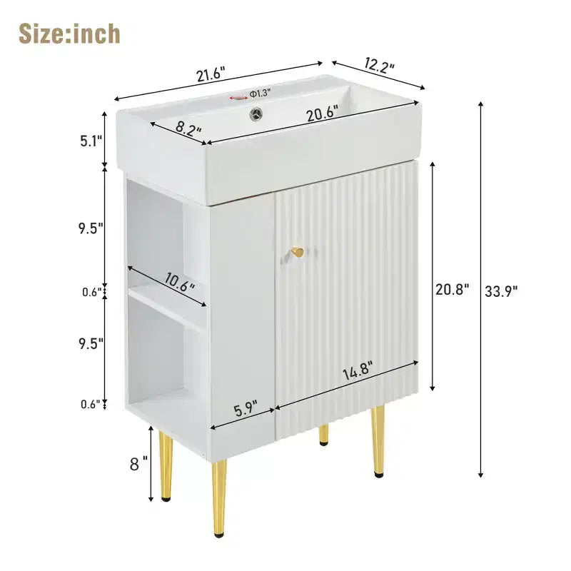 Meuble de rangement de salle de bain 21,6 po, Meuble-lavabo de salle de bain avec étagères latérales gauches, Meuble de rangement au sol avec lavabo en céramique